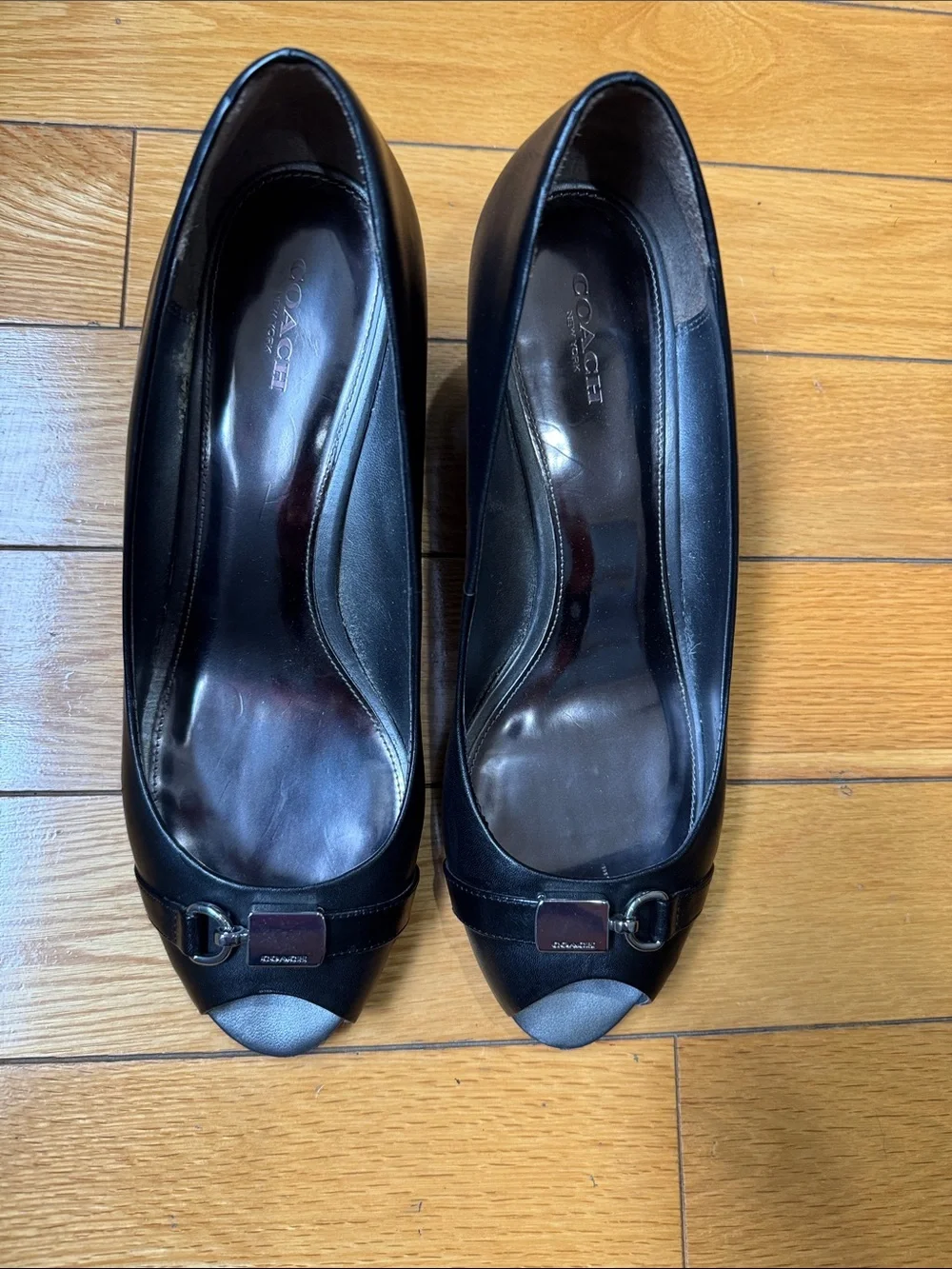 Coach Black Leather Peep-Toe Heels with Signature Buckle